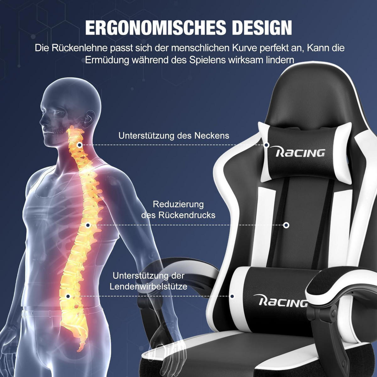 GAMING Stuhl ergonomisch mit Fußstütze und verstellbaren Kissen Weiß - Multicolor, Kunststoff (71/139/71cm)