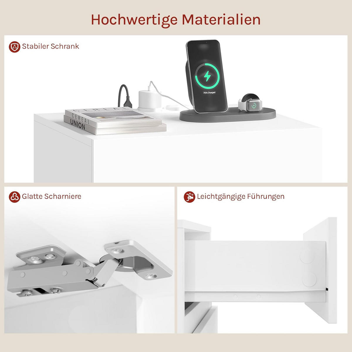 NACHTTISCH mit Ladefunktion und LED, Weiß - Weiß, Holzwerkstoff (40/55/35cm) - Woltu