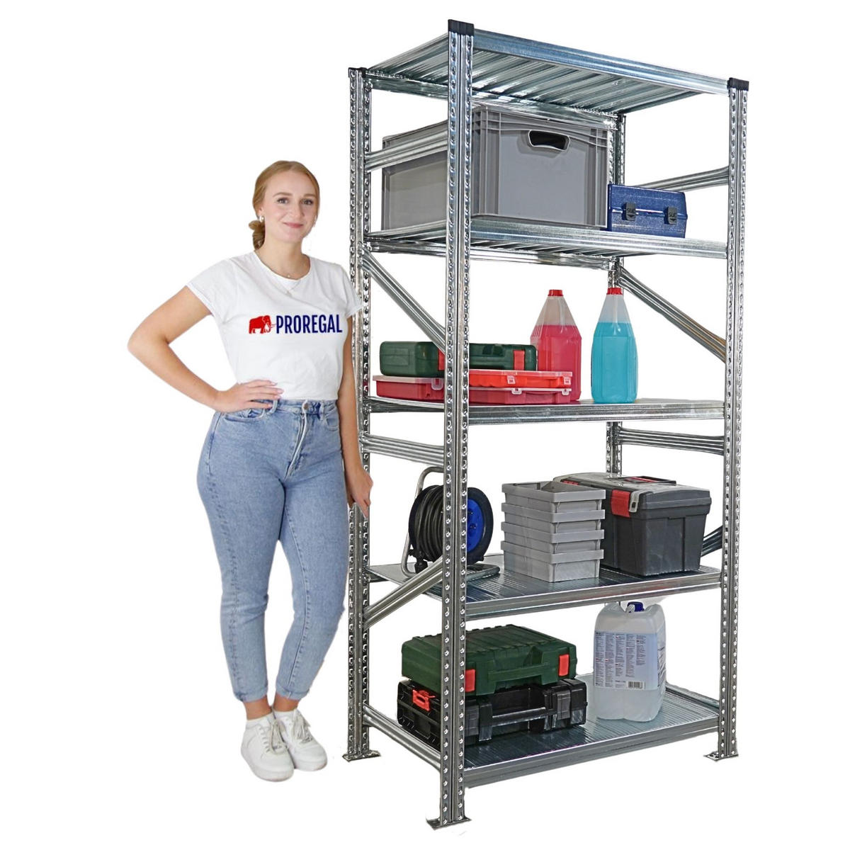 FACHBODENREGAL Proximo Stecksystem 200x450x80cm 5 Ebenen Fachlast 200 kg Beidseitig nutzbar Verzinkt - Silberfarben, Metall (450/200/80cm) - PROREGAL