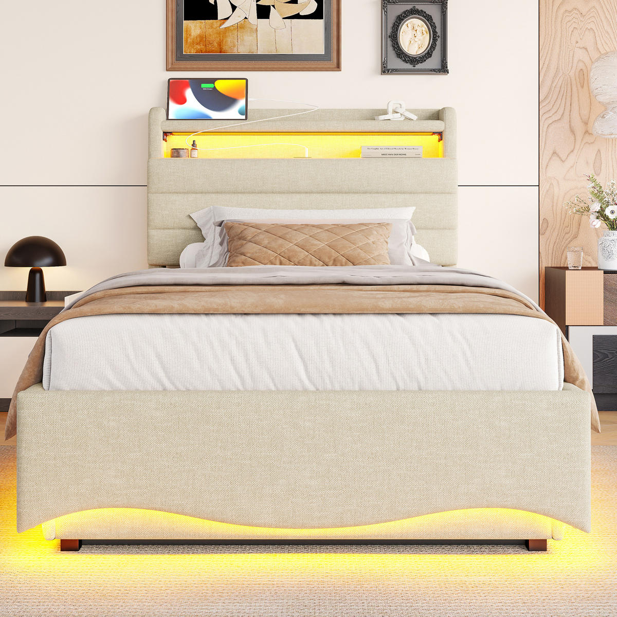POLSTERBETT mit Stauraum und LED 90x200 cm Leinen Beige - Beige, Metall (90/200cm) - Meubliv