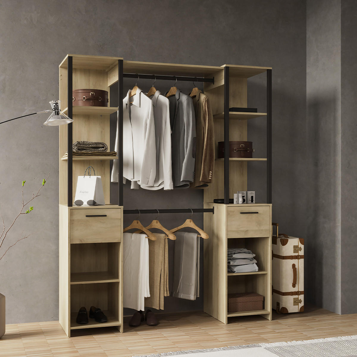 ANKLEIDESYSTEM 2 Säulen, Kleiderstange - GARY - Eiche und Schwarz - 159,8 x 200,3 x 49,5 cm - Beige, Holz (160/200/49cm) - Demeyere