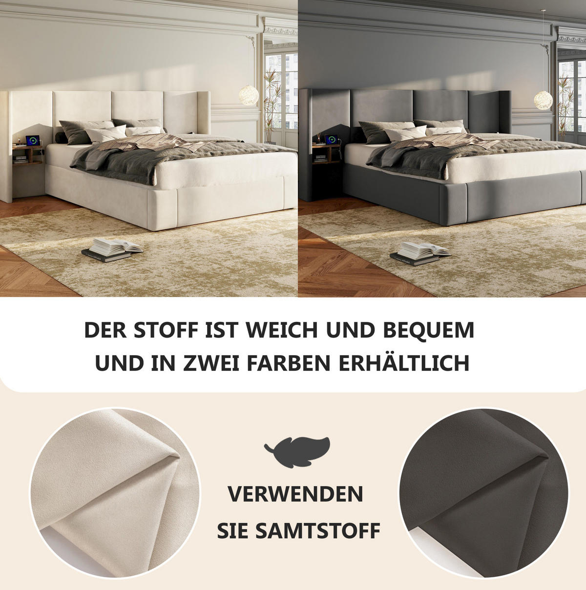POLSTERBETT 160/200 cm Beige aus Samt mit Stauraum - Beige, Textil (160/200cm) - OKMYHOME