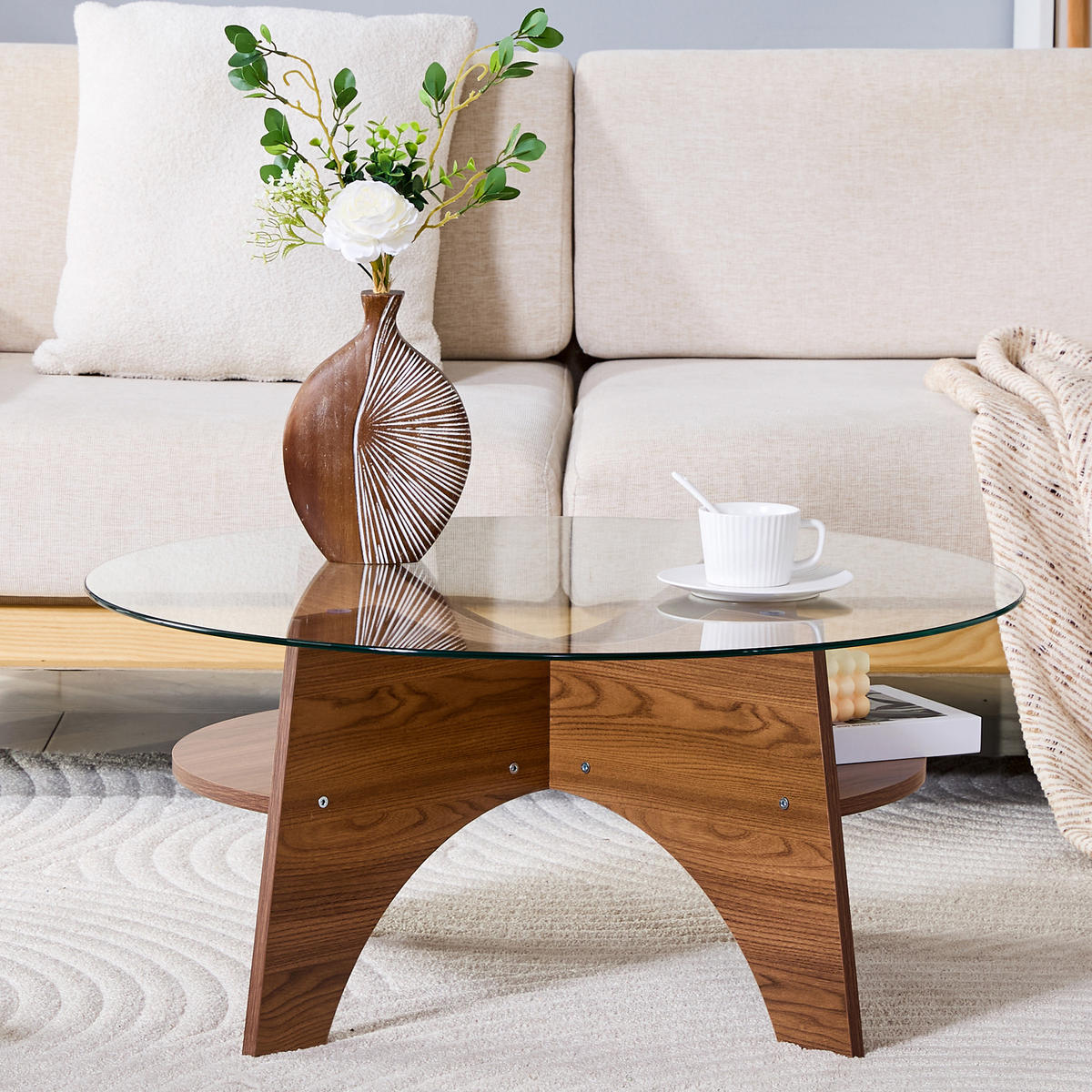 COUCHTISCH in Walnussfarbe Moderner runder Beistelltisch für Esszimmer und Wohnzimmer, Ø80/H36 cm - Transparent/Walnussfarben, Glas/Holzwerkstoff (80/80/36cm) - STILVORA
