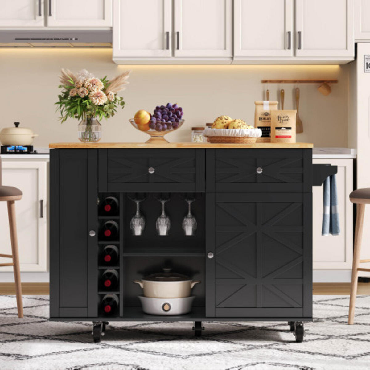 KÜCHENINSEL Schwarz aus MDF mit klappbarer Erweiterungsplatte und Laufrollen 120 × 45(70) × 89 cm - Schwarz, Holzwerkstoff (120/89/70cm) - Luhomfu
