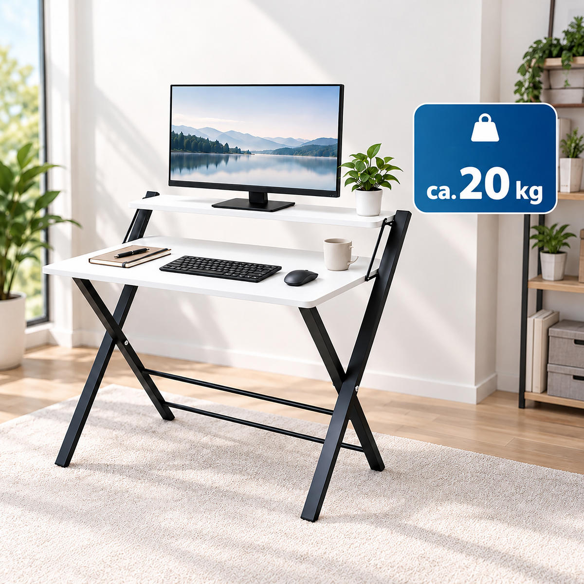 SCHREIBTISCH Schwarz klappbar mit Monitoraufsatz 70x56 cm - Schwarz, Holzwerkstoff/Metall (56/70/82cm) - Relaxdays