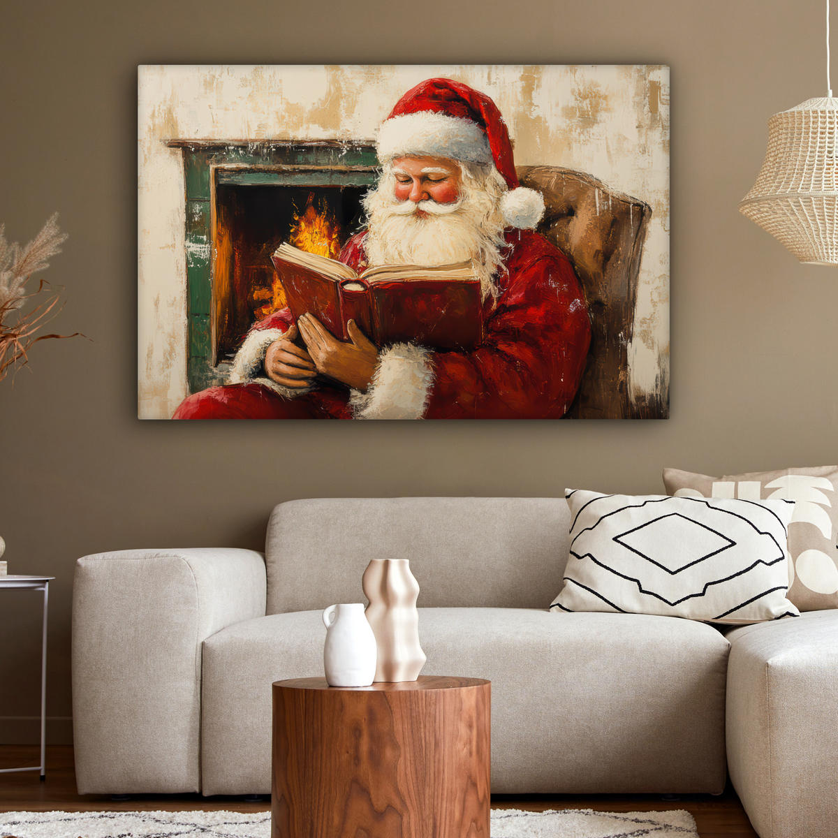 LEINWANDBILD Weihnachten - Weihnachtsmann - Winter - Open Fireside Wohnzimmer 120x80 cm - Dunkelrot, Textil (120/80cm) - MuchoWow