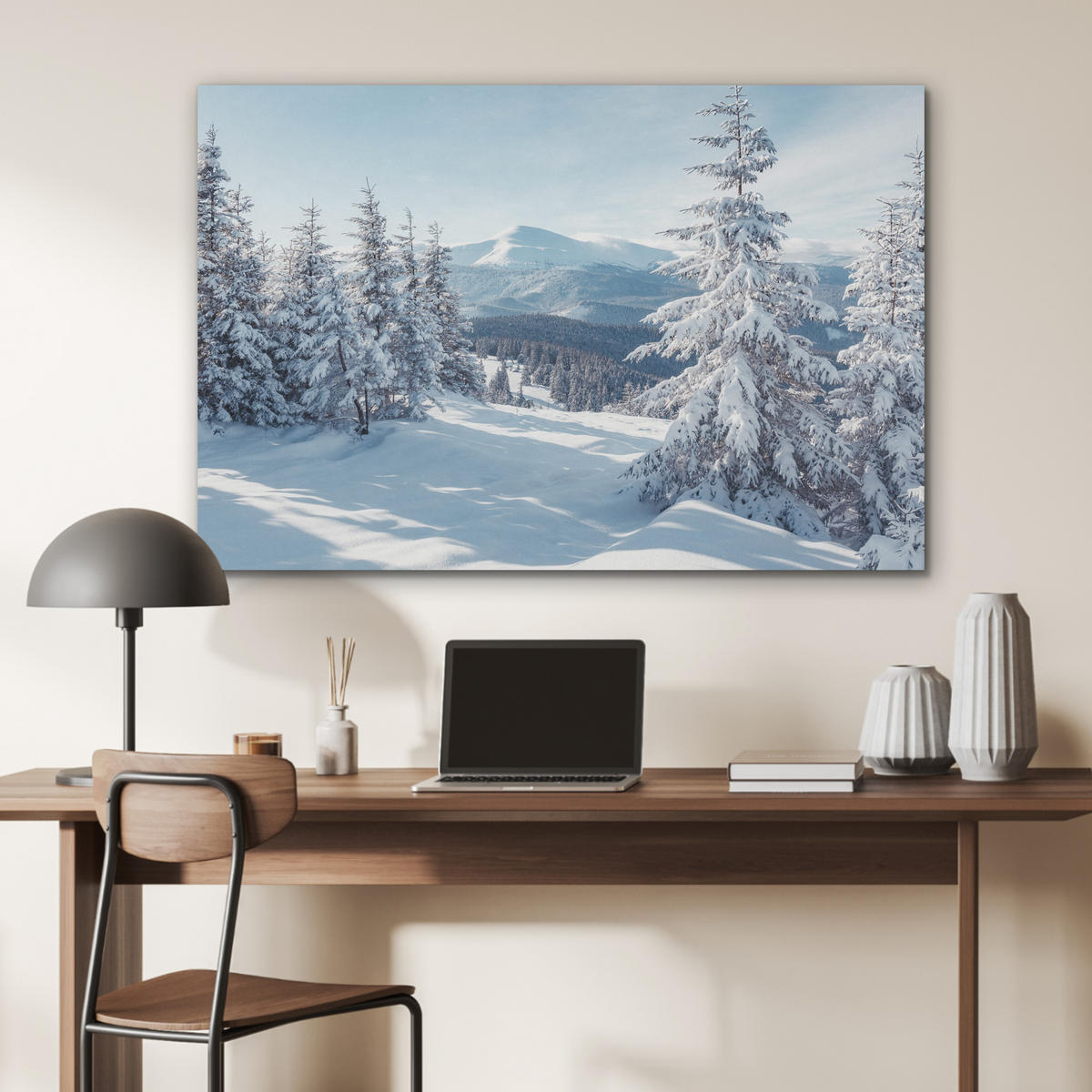 AKUSTIKPANEEL Winterlandschaft - Natur - Berge - Bäume - Schnee 100x70 cm - Hellblau, Textil (100/0.9/70cm) - MuchoWow