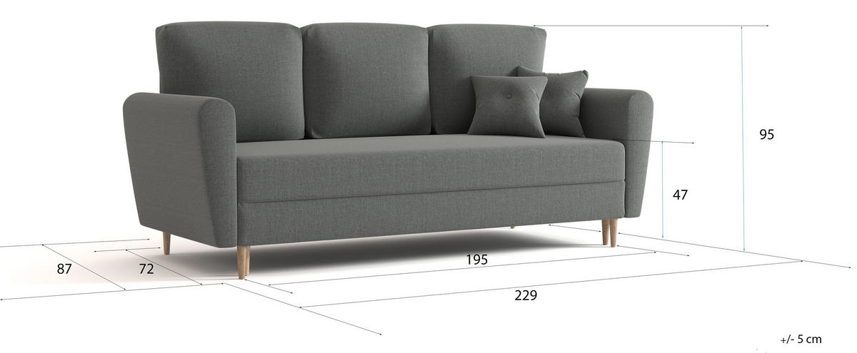 SOFA Hellgrau LILI Ausziehbar - Grau, Naturmaterialien/Textil (229/95/87cm) - Sepro Meble