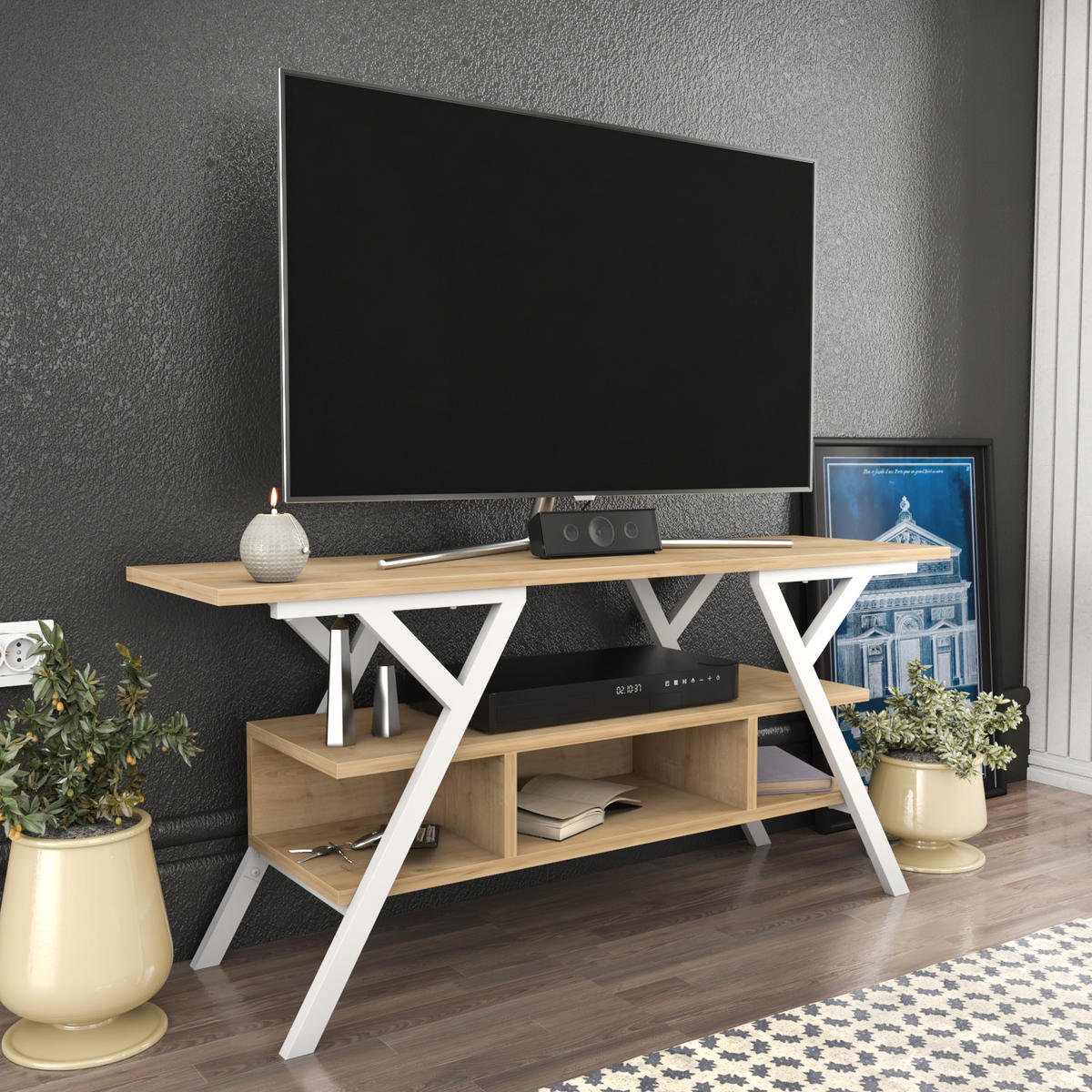 TV Stand Minerva Weiß Eiche - Eichefarben/Weiß, Holzwerkstoff (120/55/35cm) - Decorotika