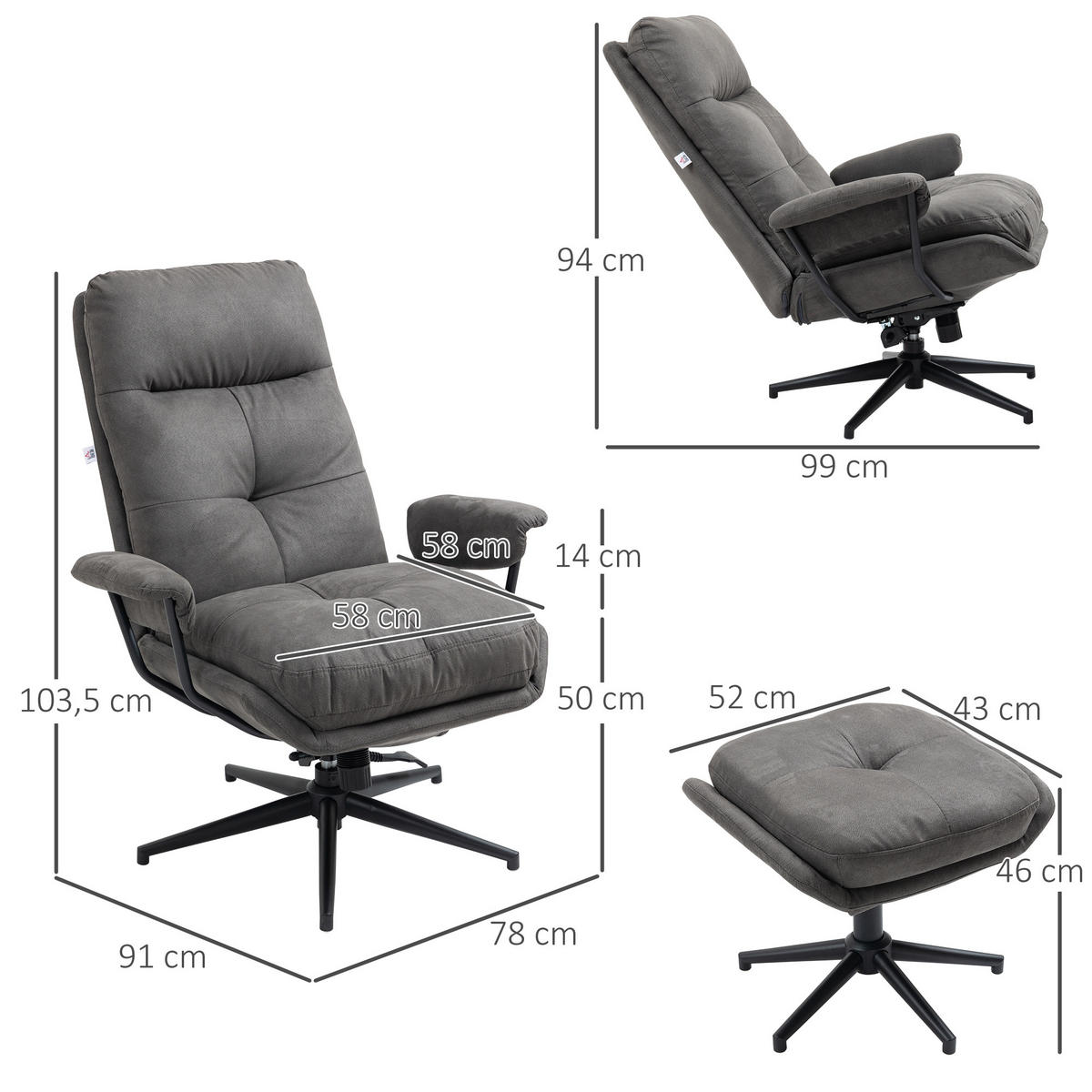 RELAXSESSEL mit Hocker, Drehbarem Fuß Fernsehsessel mit Liegefunktion Polyester - Dunkelgrau, Metall (91/103.5/78cm) - HOMCOM