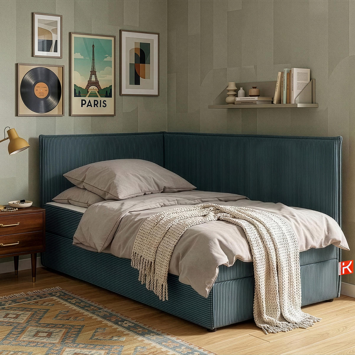 JUGENDBETT ROTI Einzelbett mit Bettkasten, 90x200cm, Bett mit Bonellmatratze, mit Rückenlehne - Blau/Schwarz, Holz/Holzwerkstoff (92/200cm) - KONSIMO®