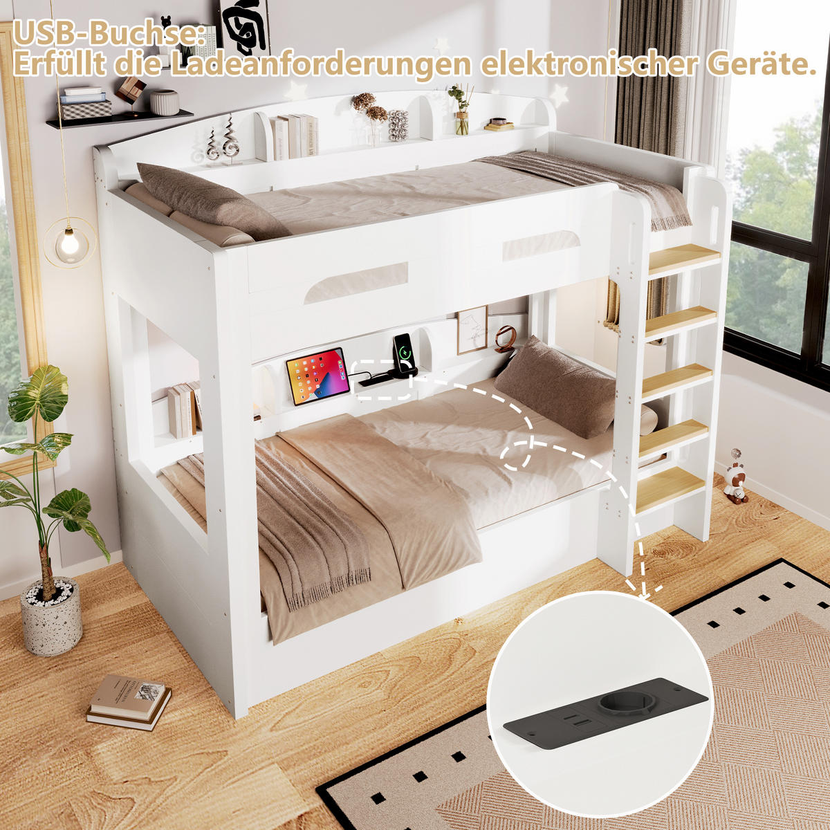 HOCHBETT 90/200 cm in Weiß mit Unterbett, USB-Steckdose und Ablagefächern aus Massivholz und MDF - Weiß, Holzwerkstoff (90/200cm) - STILVORA