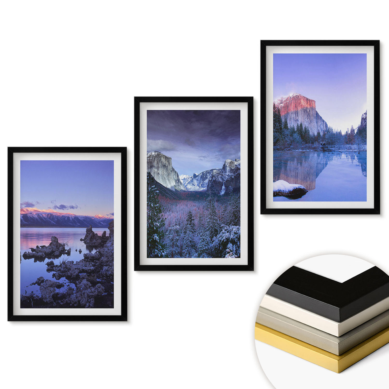 WANDBILDER 3er-Set - 40x60 cm Schwarzer Rahmen - Berglandschaften, Sonnenuntergang, Wasser - Schwarz, Kunststoff (40/60cm) - ArtPrintCave