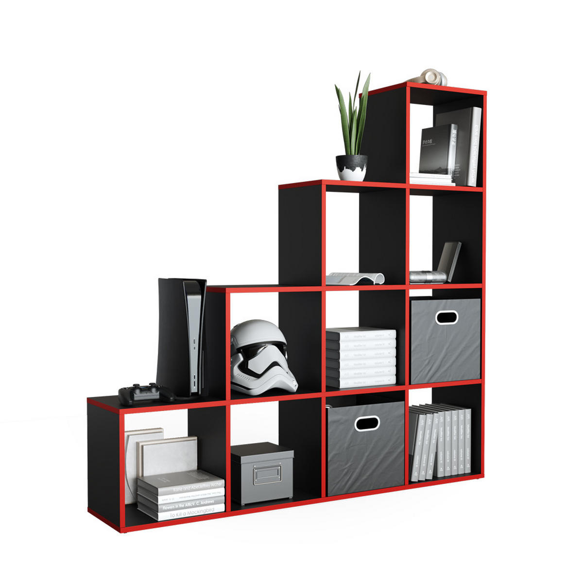 TREPPENREGAL Schwarz/Rot 142.5 x 140 cm - Rot/Schwarz, Holzwerkstoff (142.5/140/29cm) - Vicco