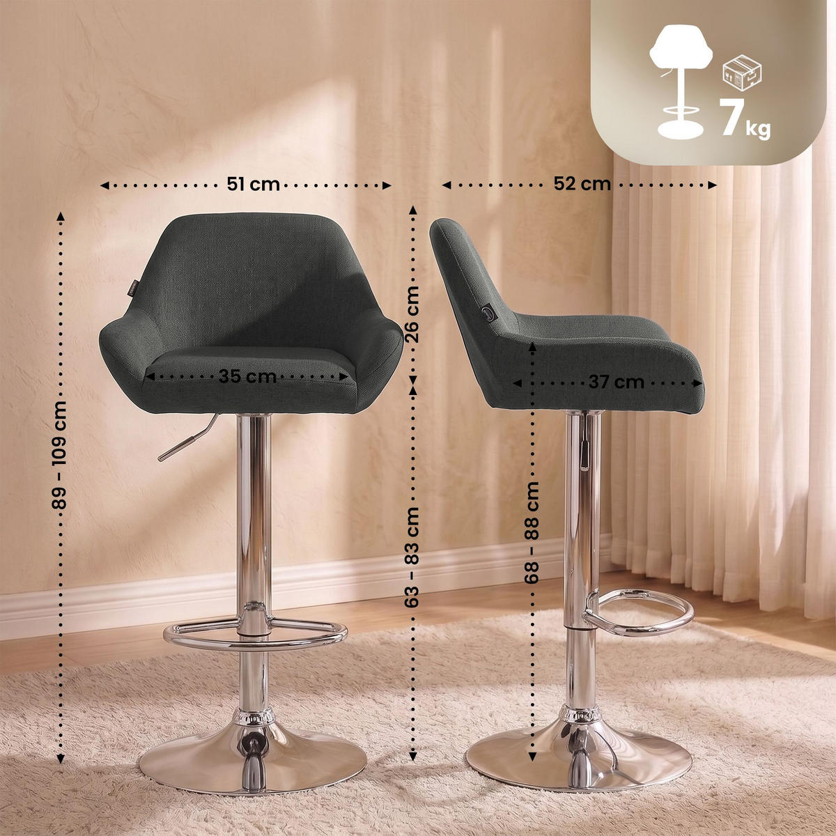 BARHOCKER 2er Set Stoff dunkelgrau - Chromfarben/Dunkelgrau, Textil/Metall (51/89/52cm) - CLP