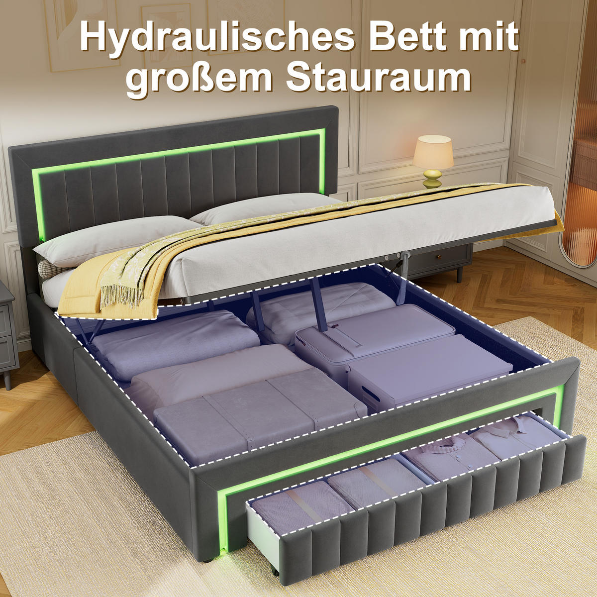 POLSTERBETT 180/200 cm in Grau, mit Bettkasten und Schubladen , mit LED, ohne Matratze - Grau, Holzwerkstoff/Textil (180/200cm) - WISHDOR