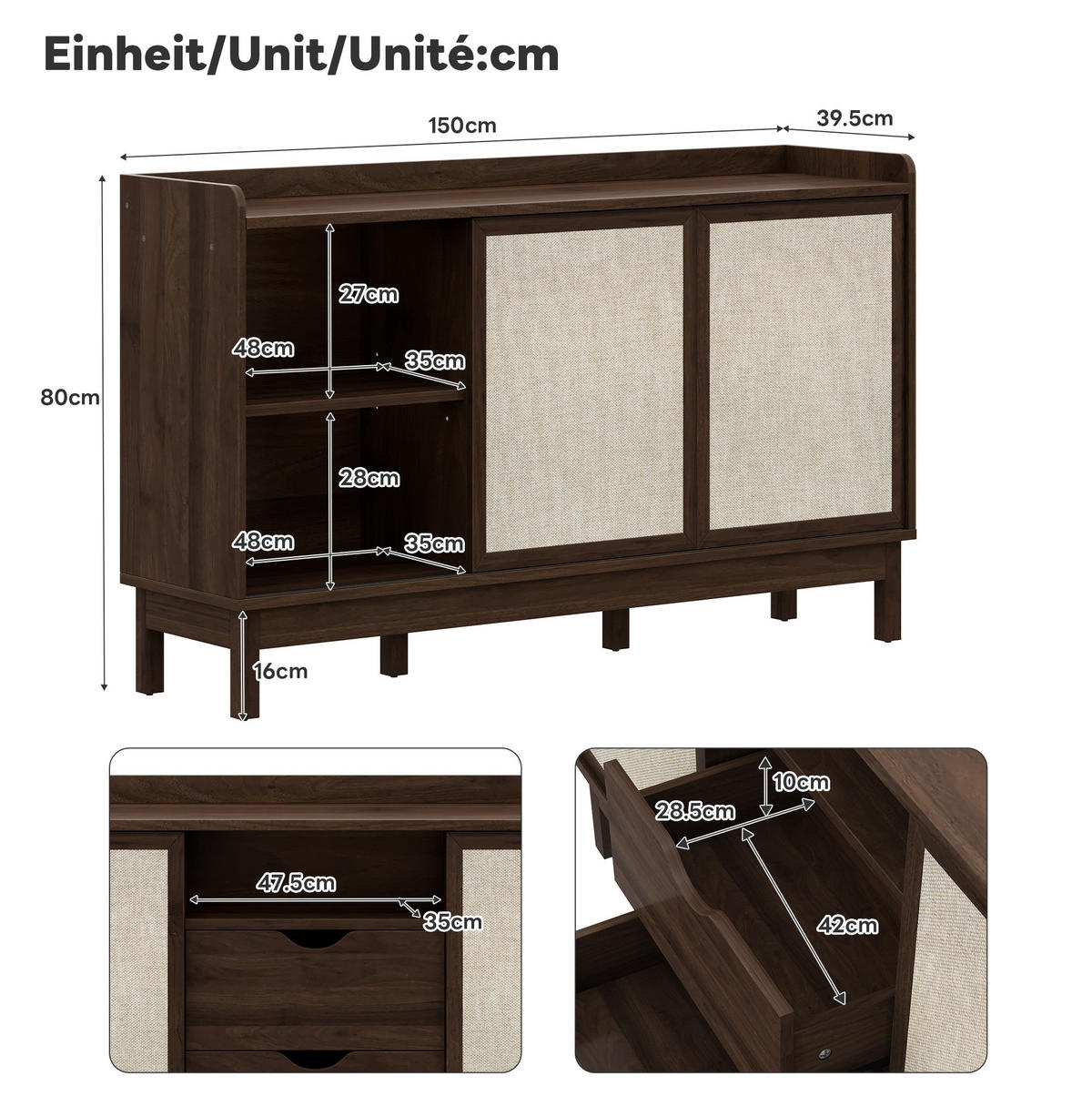 SIDEBOARD 150/39,5/80 cm in Natur mit Schiebetüren und 2 Schubladen - Naturfarben, Holzwerkstoff (150/80/39.5cm) - Flora Grace