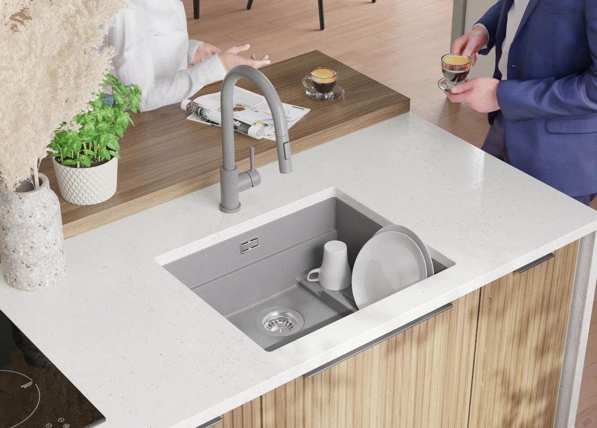 UNTERBAUSPÜLE GRANIT Praga, 2-er set Grau 56/47 cm 1 Becken + Ablauf-Set + Aufrollbare Abtropffläche ab 60er Unterschrank - Chromfarben/Grau, Kunststoff (56/20/47cm) - Primagran