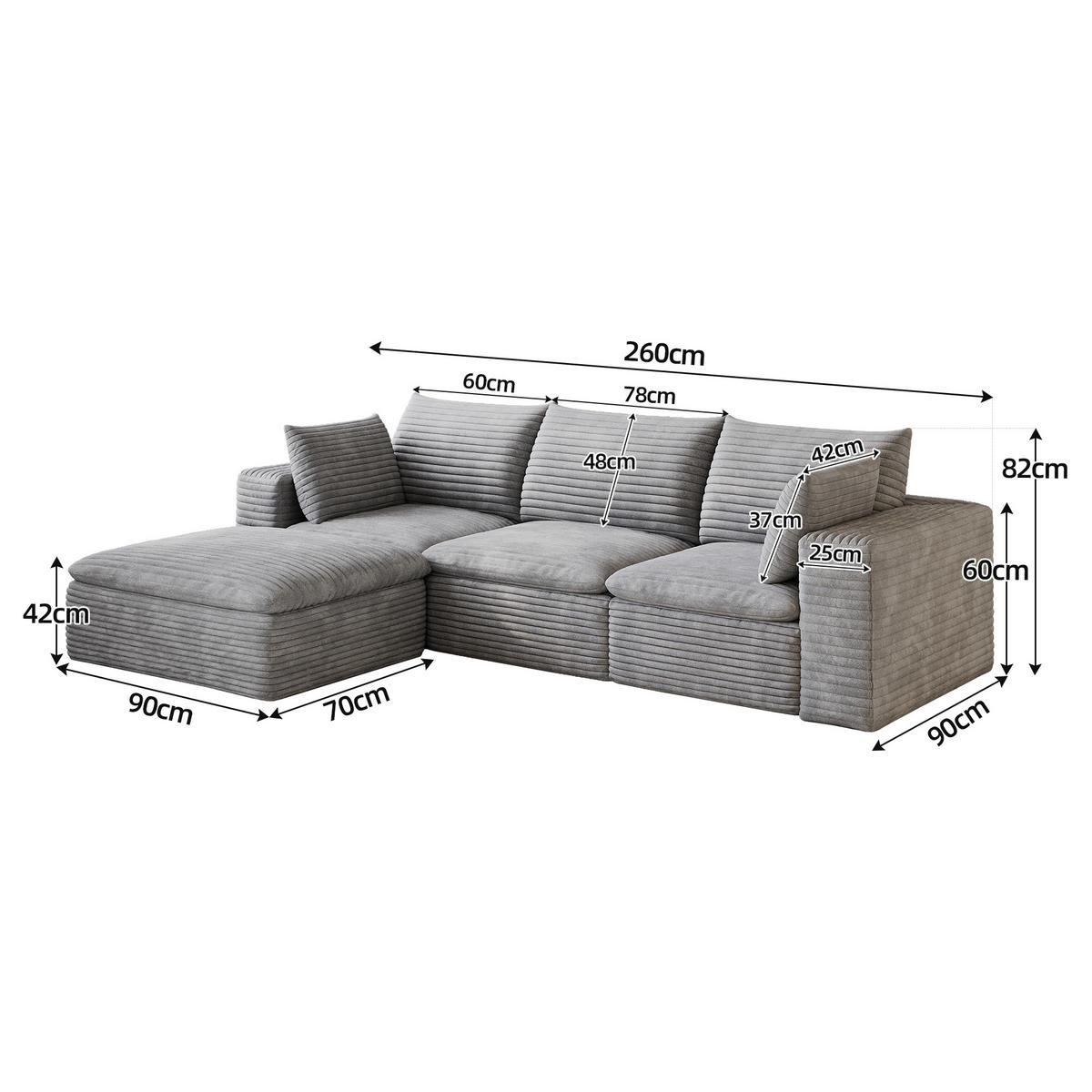 ECKSOFA DE-34773 3-Sitzer mit ottomane Grau - Grau, Textil (160/260cm) - ComfortXL