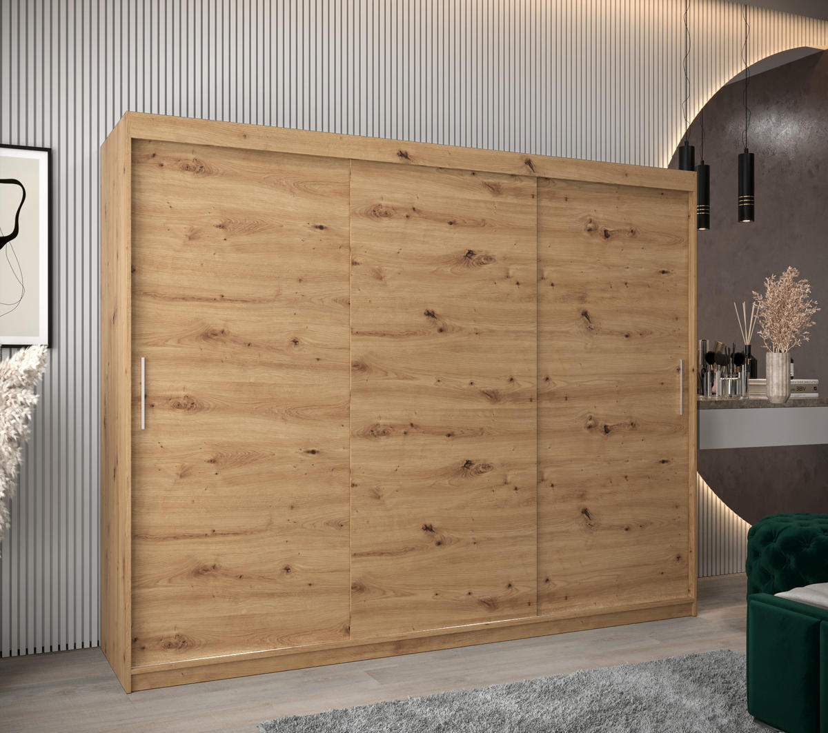 SCHWEBETÜRENSCHRANK 200/250/62 3-türig - Silberfarben/Eiche Artisan, Holz/Kunststoff (250/200/62cm) - MÖBEL KRYSPOL