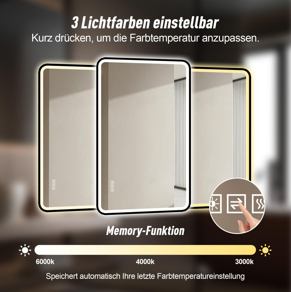 WANDSPIEGEL 90/4/70 cm Schwarz aus Glas und Metall mit Anti-Beschlag und LED - Schwarz, Glas (70/4/90cm) - OKWISH