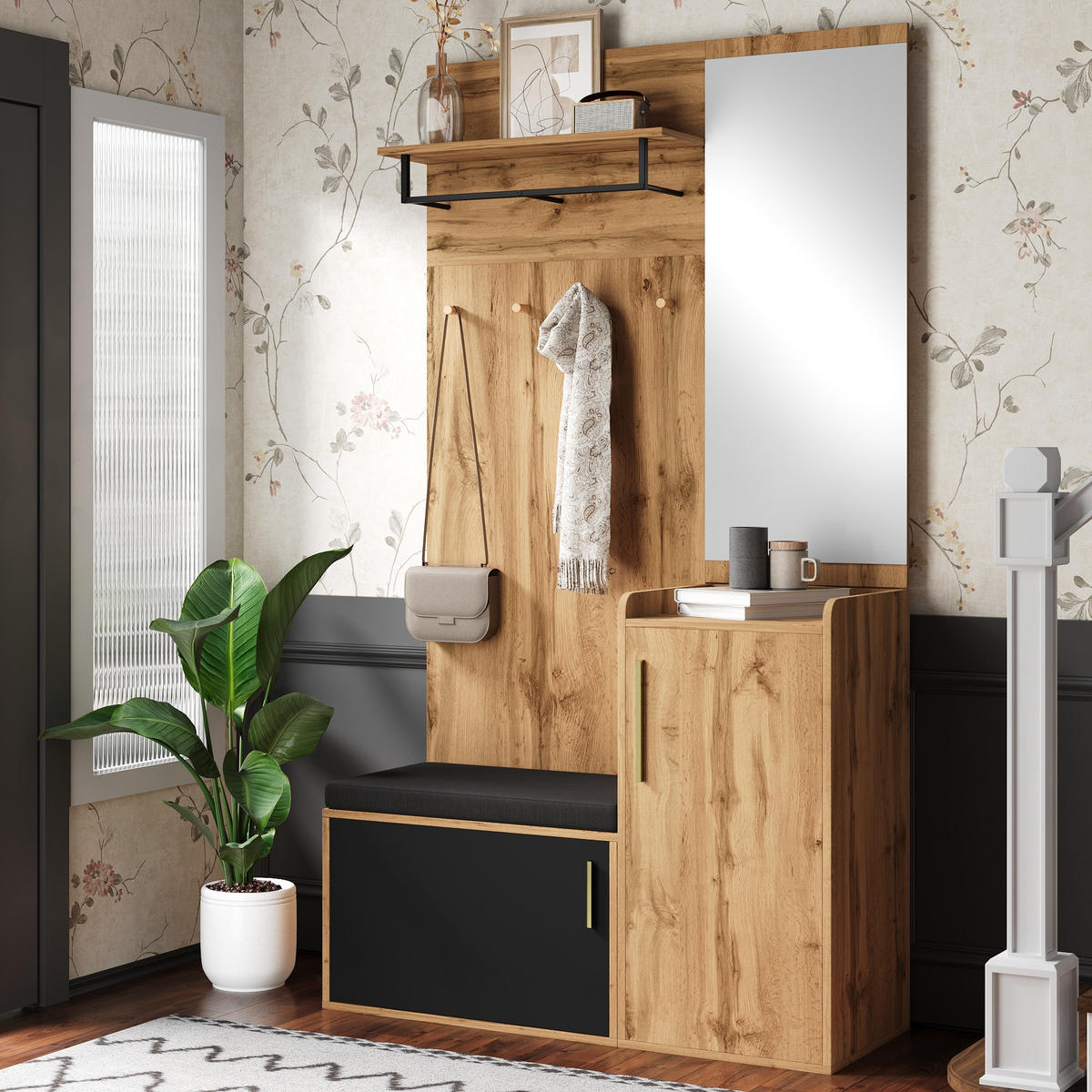 GARDEROBENSET Spiegel Sitzbank Schuhschrank - Naturfarben, Holzwerkstoff (100/185/38cm) - Fortuna Lai