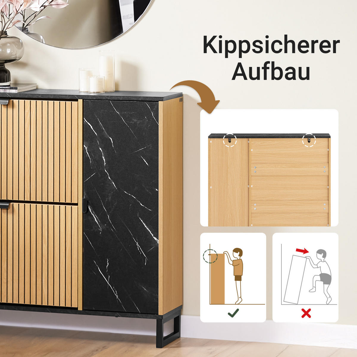 SCHUHSCHRANK Schmal, Holzoptik & Schwarz mit Marmor - Naturfarben, Holzwerkstoff (90/88/24cm) - SoBuy