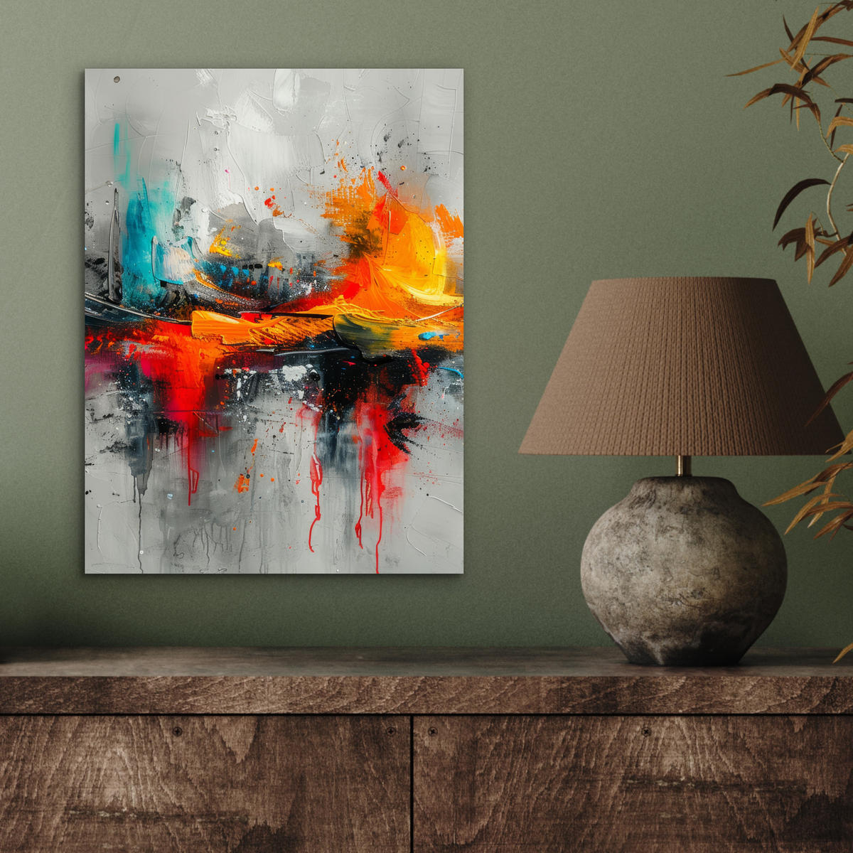 KOVOVÝ OBRAZ Moderné umenie - Oranžová - Sivá - Abstraktné 30x40 cm - svetlosivá, kov (30/40cm) - MuchoWow
