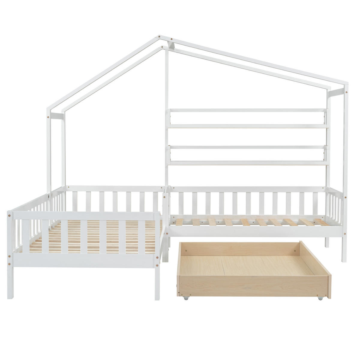 KINDERBETT 90/200 cm und 70/140 cm Hausbett L-Form mit Schubladen und Regalen, weiß, ohne Matratze - Weiß, Holz (90/200cm) - MIVRAY
