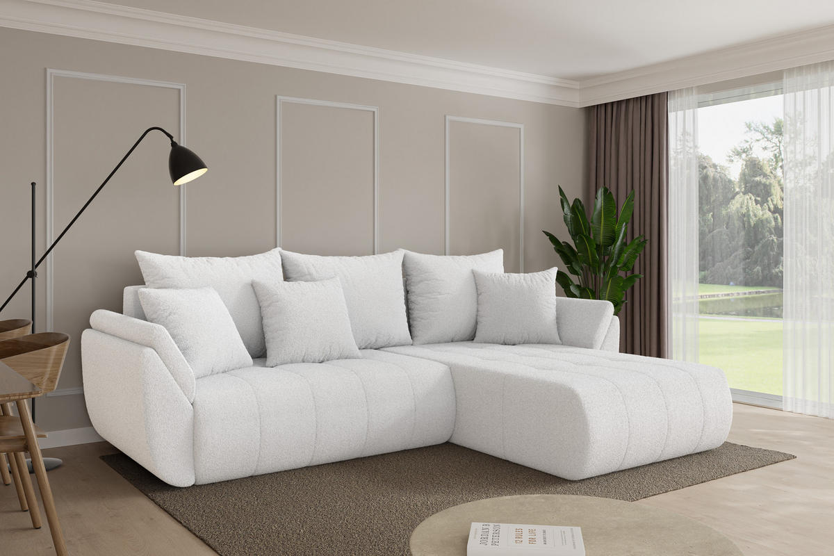 ROHOVÁ SEDAČKA s funkcí spaní, otoman vpravo TOKO-L 277x194x86 bílá bouclé - bílá/černá, kompozitní dřevo/textil (277/194cm) - ALTDECOR