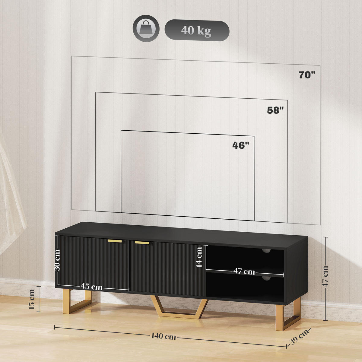 TV-LOWBOARD Holzoptik/Gold 140/39/47 cm, 2 geriffelte Türen, offene Fächer - Schwarz, Holzwerkstoff (140/47/39cm) - PANGIVO