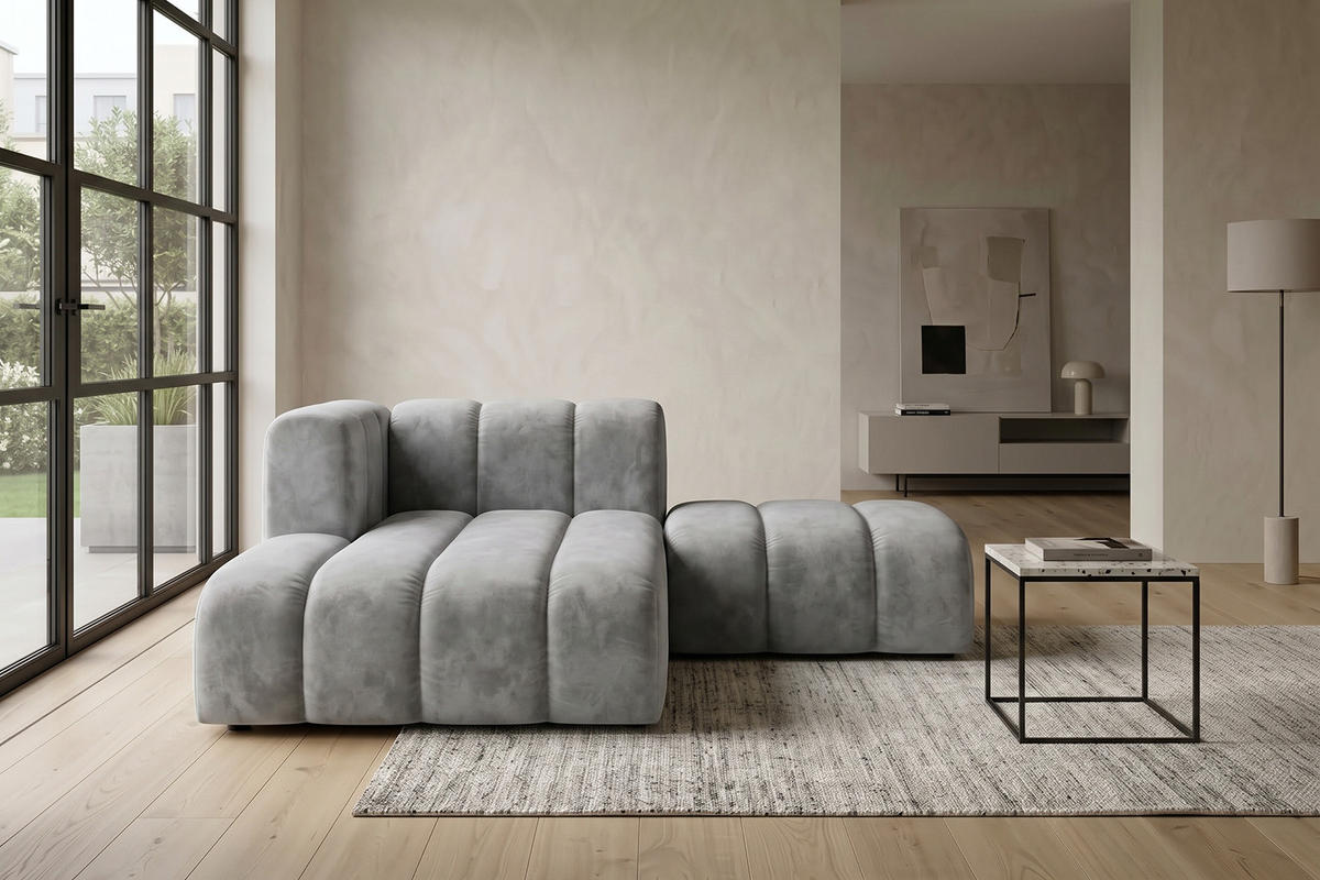 CHAISELONGUE Modulare Mit Hocker, Velvet-Stoff Riviera, Grau, Links, GRAND - Grau, Holz (204/179cm) - Kaiser Möbel