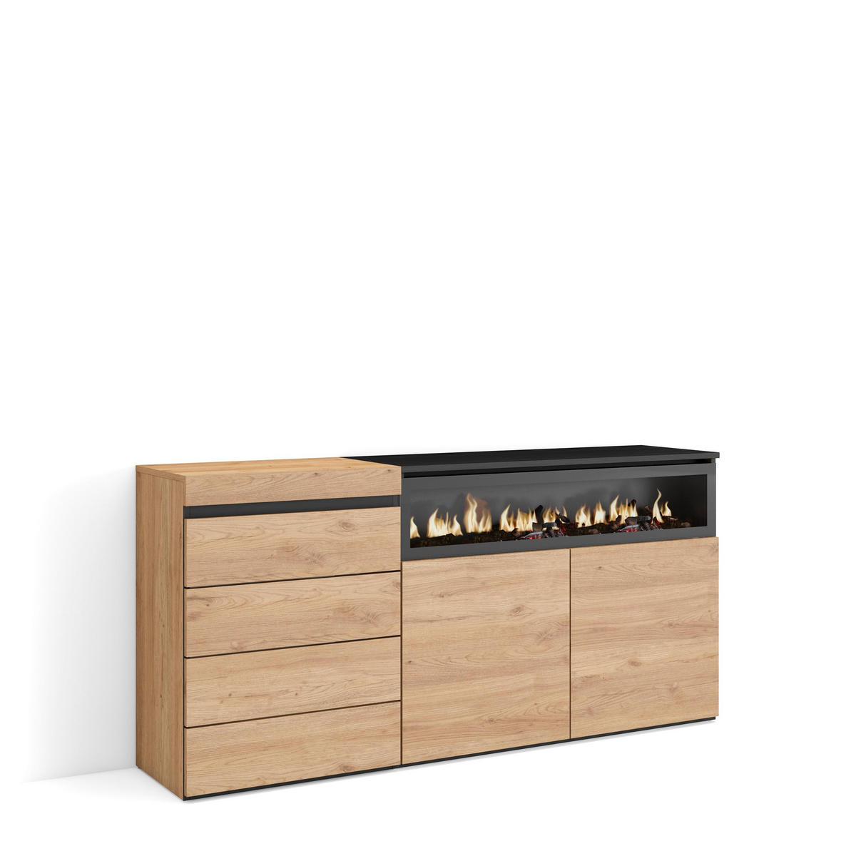 KOMMODE mit Schubladen, Elektrokamin, eiche, 158/35/75cm - Eichefarben/Beige, Holzwerkstoff (158/75/35cm) - Skraut Home