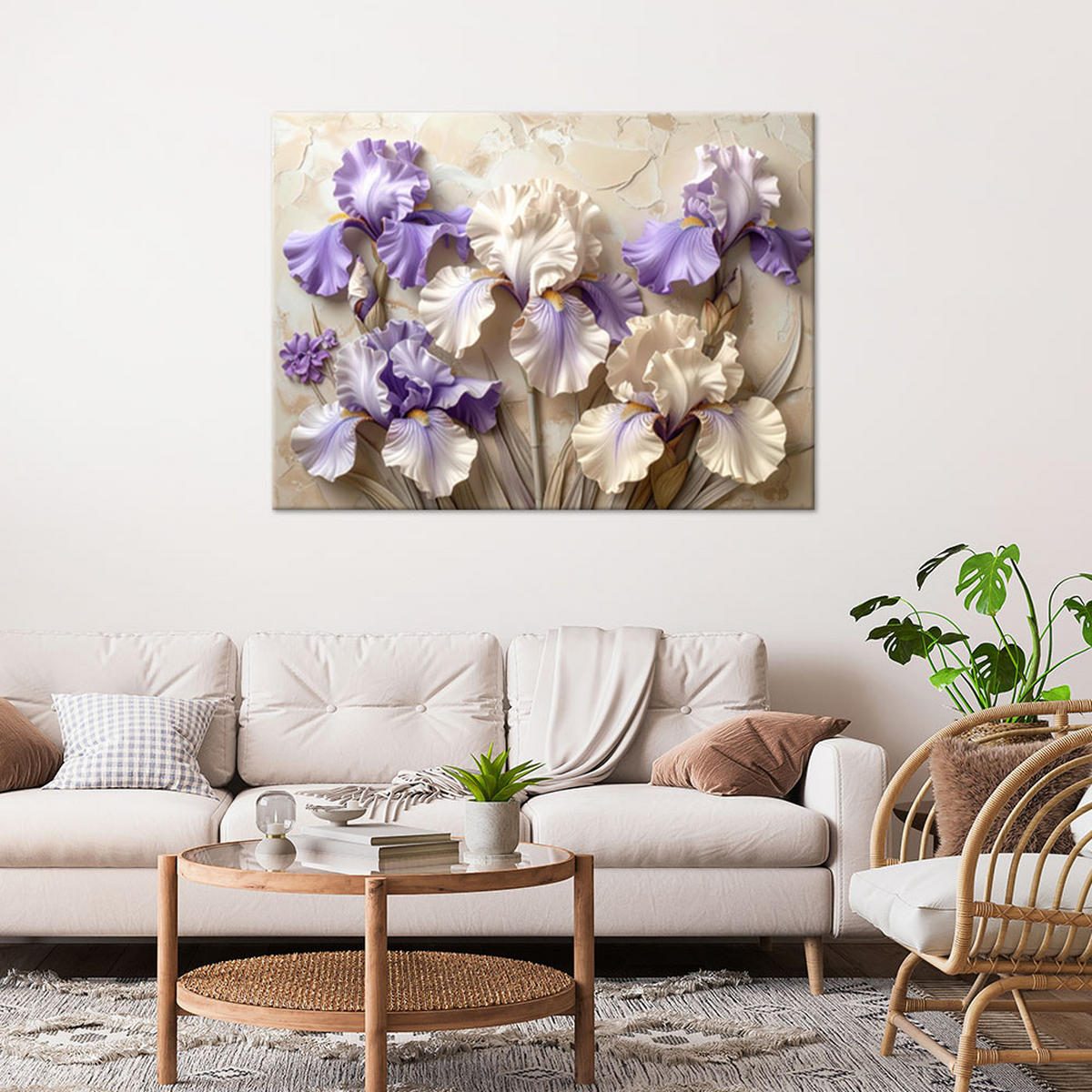 WANDBILD, Lila und weiße Schwertlilien 3D - Beige, Textil (60/40cm) - Feeby