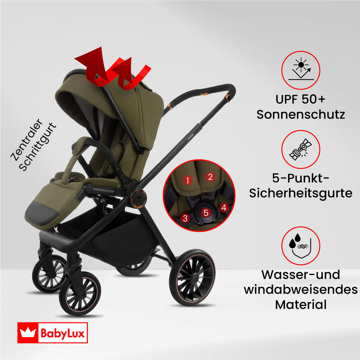 KINDERWAGEN Castor 4in1 Olive Babywanne, Reisebuggy, Autositz, Isofix Basis - Schwarz/Olivgrün, Textil/Metall (58/98cm) - BabyLux