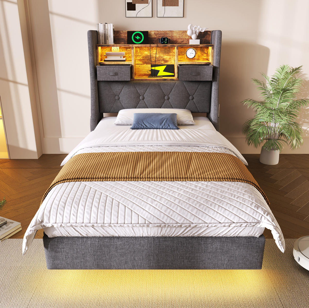 POLSTERBETT mit LED-Beleuchtung 90/200 cm mit Ladestation und Stauraum-Kopfteil - Grau, Textil (90/200cm) - BEAOK