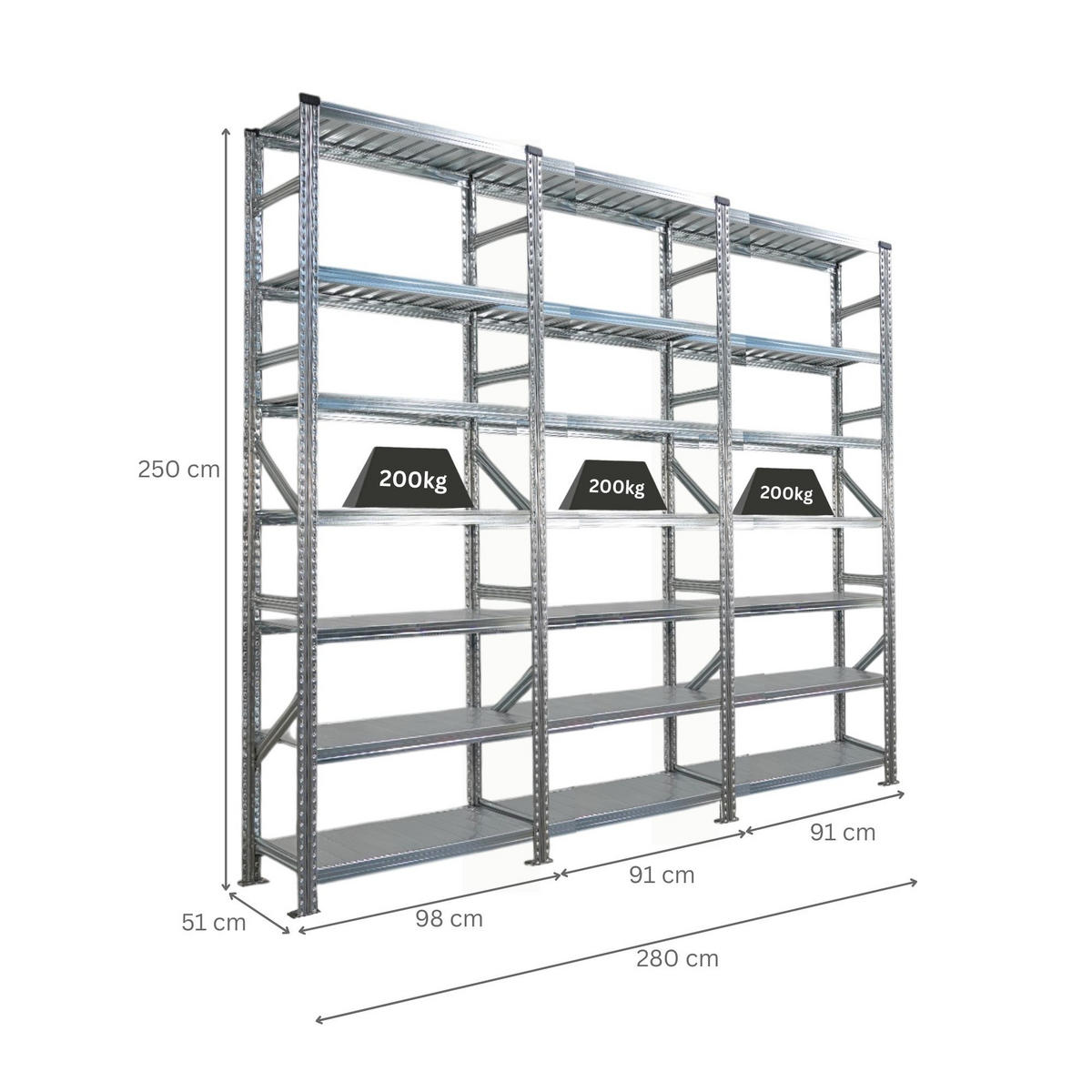 FACHBODENREGAL Proximo 250x270x50cm 7 Ebenen Beidseitig nutzbar Verzinkt - Silberfarben, Metall (270/250/50cm) - PROREGAL