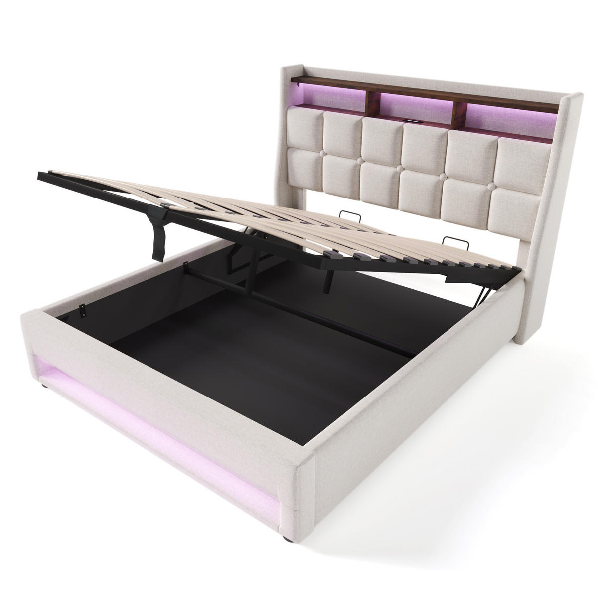 POLSTERBETT mit Stauraum, USB und LED 160x200 cm Leinen Beige - Beige, Metall (160/200cm) - Meubliv