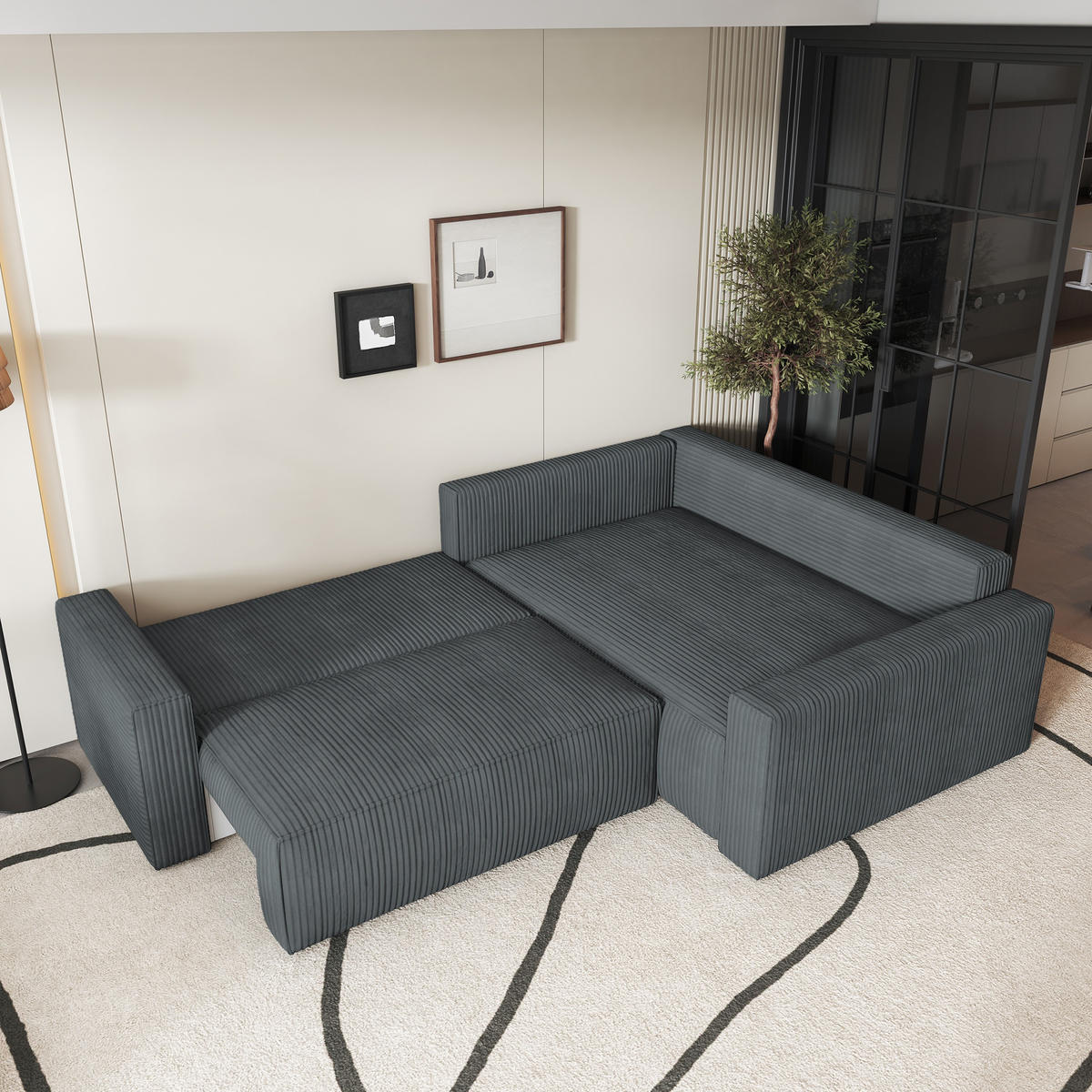 ECKSOFA ERONIS R-S Grau Kordstoff mit Schlaffunktion - Grau, Holz (265/194cm) - MASSENO