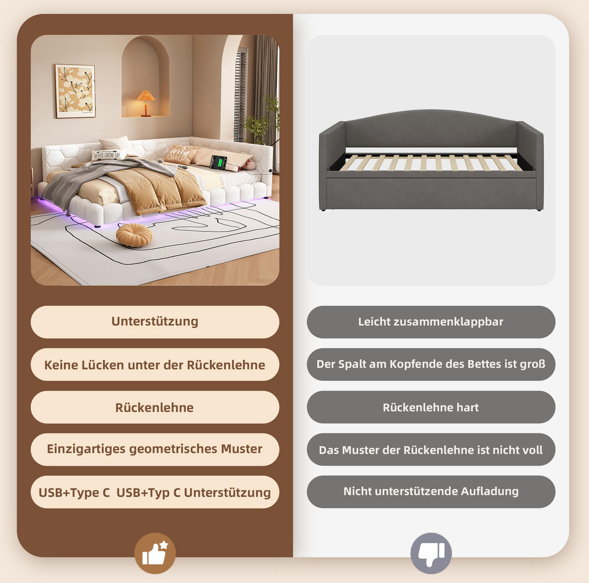 KREVET 140/200 cm s LED ambijentalnim osvjetljenjem, USB priključkom i USB-C priključkom, Bijela - bijela, tekstil (140/200cm) - Redom