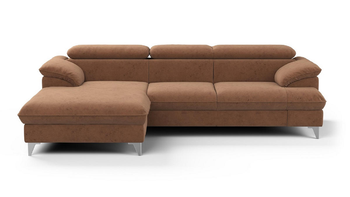 ECKSOFA mit Schlaffunktion und Bettkasten, verstellbare Kopfstützen - Chromfarben/Braun, Textil/Metall (254/167cm) - Cotta