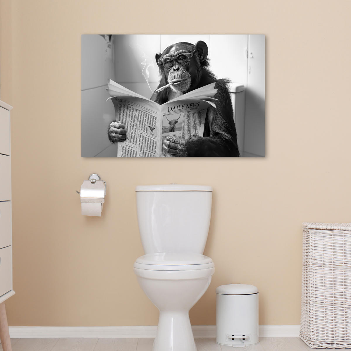 LEINWANDBILD Affe - WC - Zeitung - Schwarz-Weiß - Humor Wanddeko 90x60 cm - Hellgrau, Textil (90/60cm) - MuchoWow