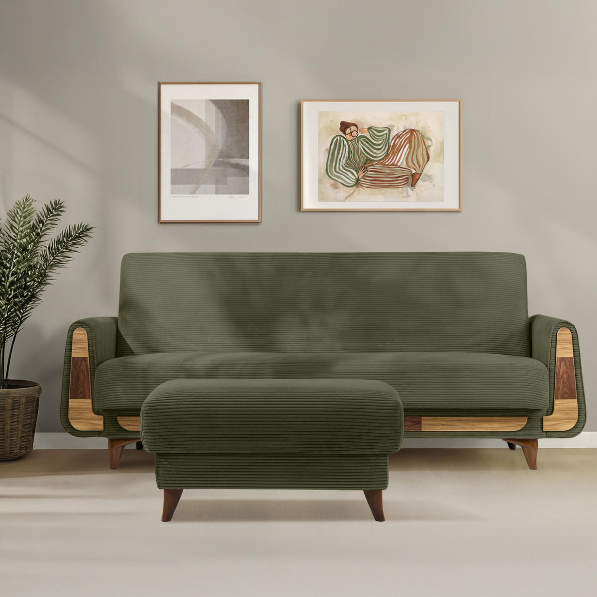 HOCKER GUSTAVO II, Olivgrün - Braun/Olivgrün, Holz/Holzwerkstoff (92/49/92cm) - KONSIMO®