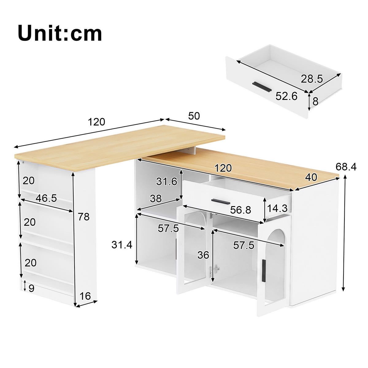 KÜCHENINSEL 136/50/78 cm Weiß mit 360° Drehtisch, 1 Schubladen und Stauraumschrank - Weiß, Holz (50/78/136cm) - Oxeza