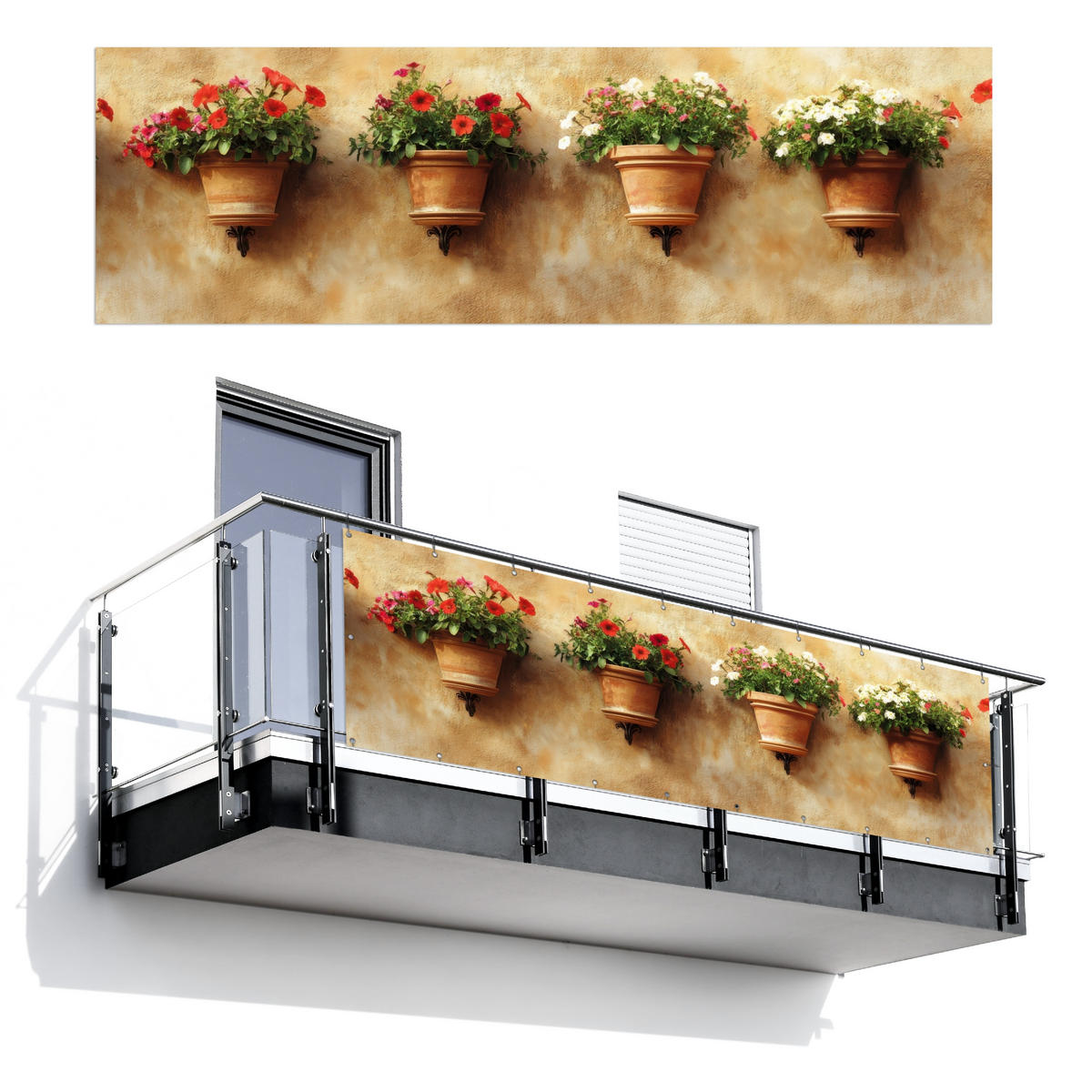 BALKON-SICHTSCHUTZ Blumentöpfe - Wand - Vintage - Terra cotta, Kunststoff (300/90cm) - MuchoWow