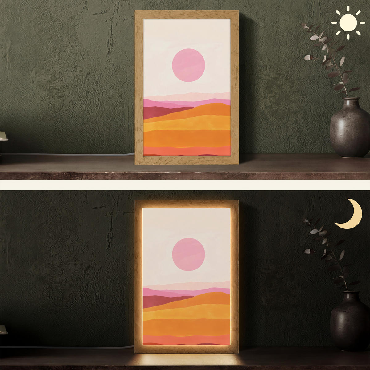 STOLNÍ LAMPA Kopce - oranžová - slunce - abstraktní 20x30 cm - chromová, kompozitní dřevo (8/20/30cm) - OnlyWow