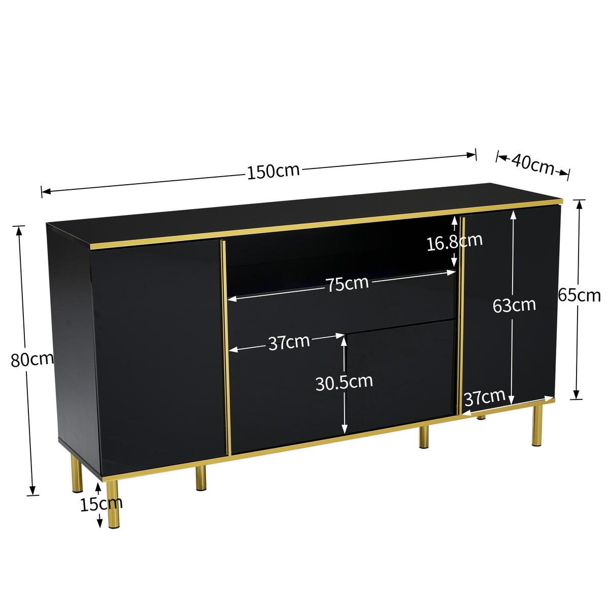 SIDEBOARD mit LED-Beleuchtung und goldenen Akzenten - Weiß, Holzwerkstoff (150/80/40cm) - Urban Meuble