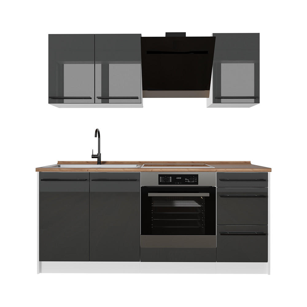 SINGLEKÜCHE R-Line, Anthrazit Hochglanz/Weiß, 180 cm Arbeitsplatte Goldkraft Eiche - Schwarz Hochglanz/Weiß, Holzwerkstoff (180/206.8/60cm) - Vicco
