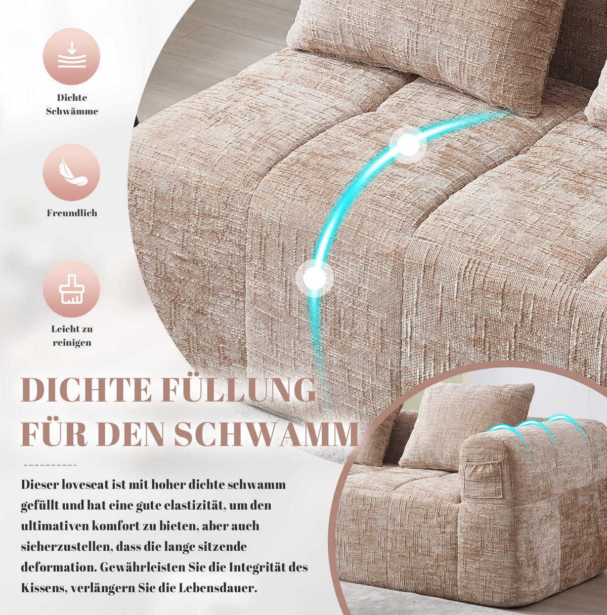 2-SITZER 158/90/60 cm Khaki aus Chenille mit Seitentaschen - Sandfarben, Textil (90/60/158cm) - OKMYHOME