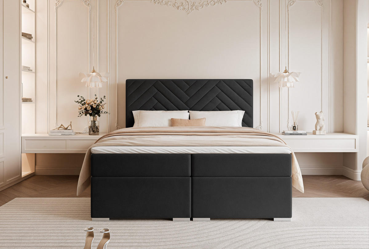 BOXBETT NEREA 160/200 cm mit Matratze und Topper, Schwarz - Schwarz, Textil (160/200cm) - Idohome